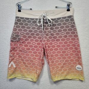 RVCA Mens Board Shorts Size 32 Honeycomb W/ Pockets Zipper & Drawstring Waist